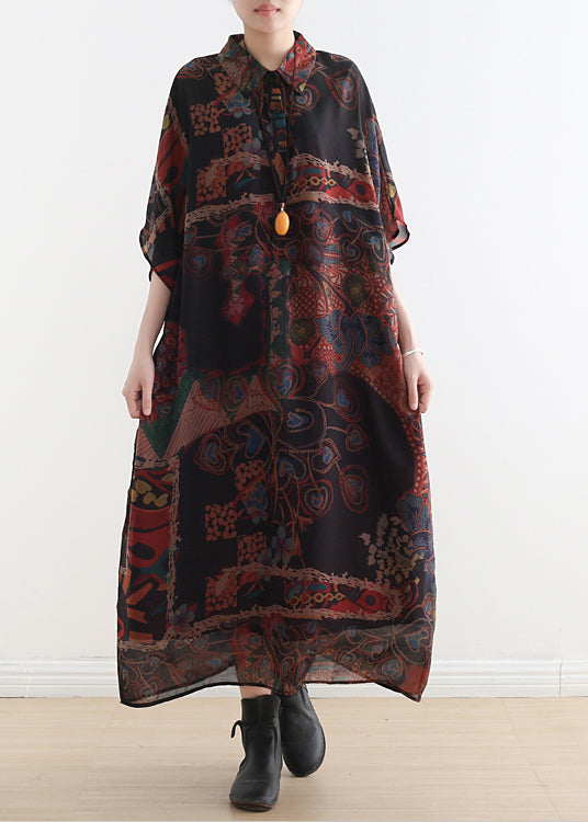 Black Orange Peter Pan Collar Draping Print Chiffon Dresses Batwing Sleeve