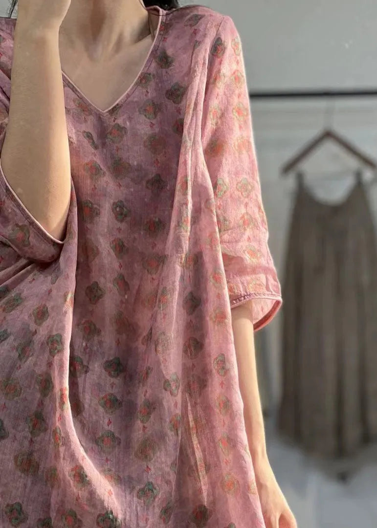 Pink V Neck Print Patchwork Linen Mid Dress Summer