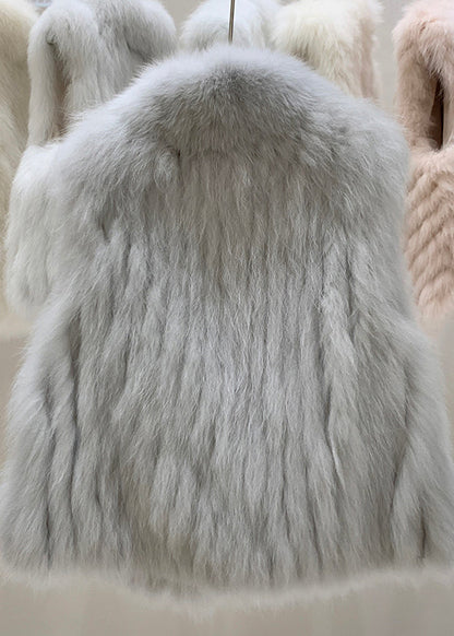 Grey Fox Collar Patchwork Leather and Fur Waistcoat Winter