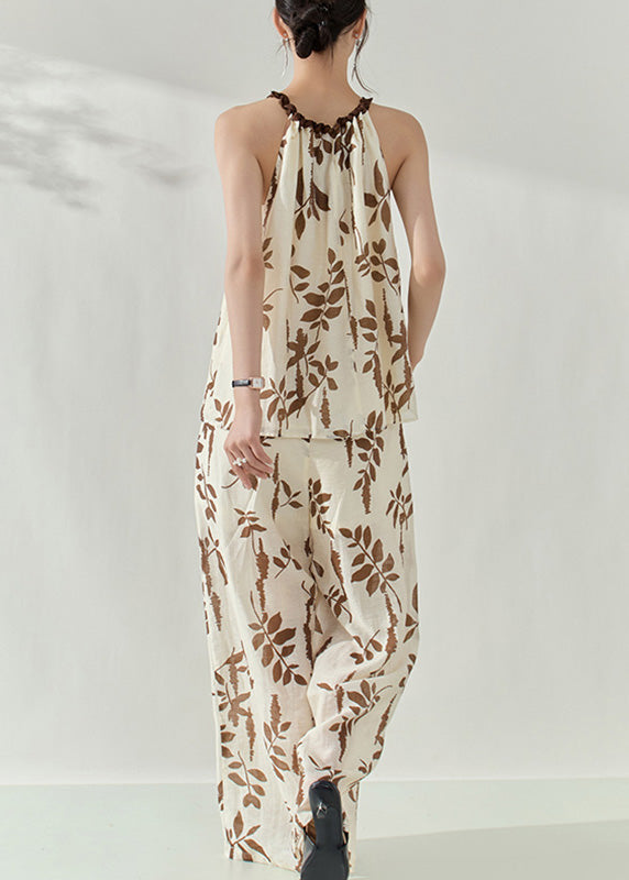 Brown Print Top and Wide Leg Pants Two Pieces Set Sleeveless