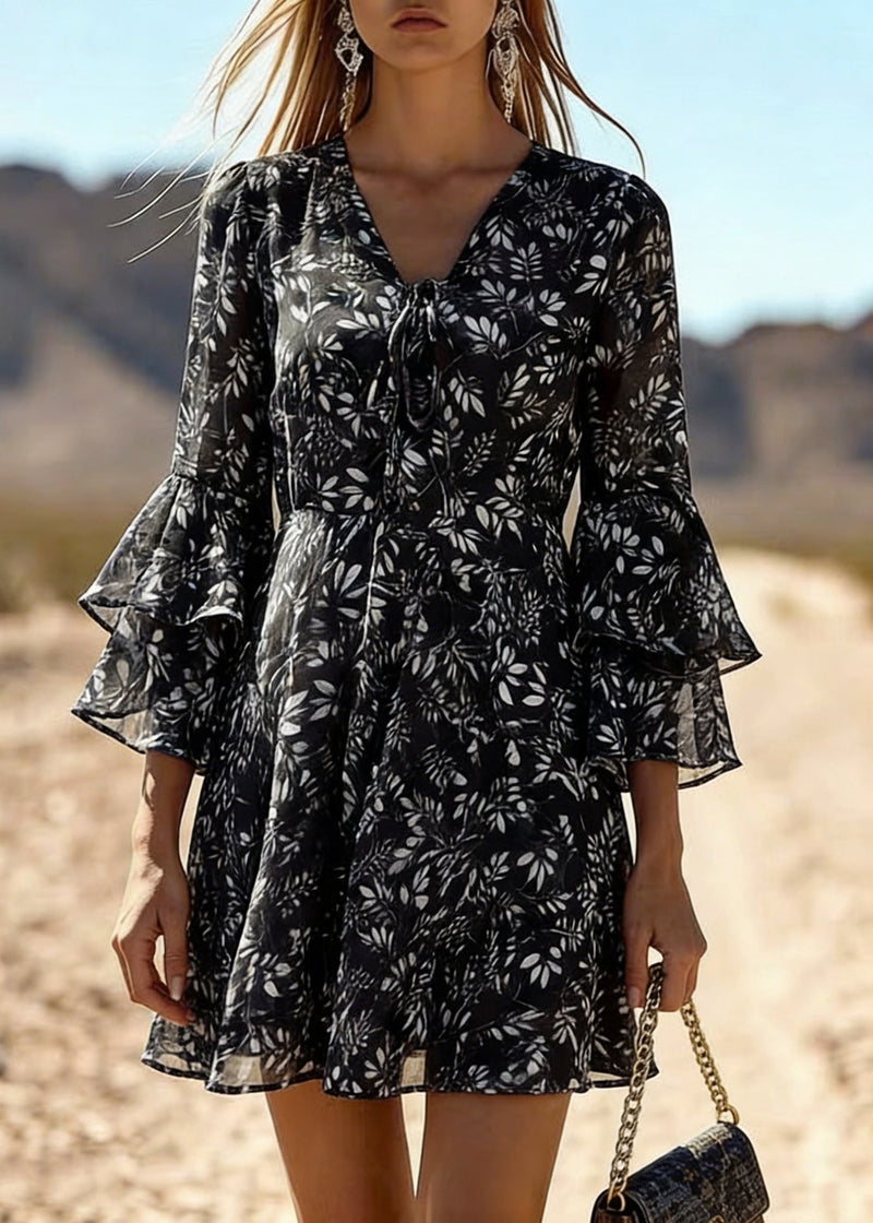 Black Print Chiffon Mid Dress Lace Up Flare Sleeve