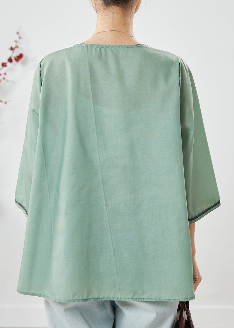 Green O-neck Print Linen Shirt Top Half Sleeve