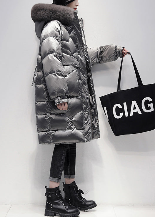 Italian Grey Zip Up Fur Collar Cotton Blend Hooded Coat Winter