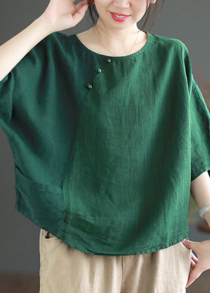 Brief Green O-neck Patchwork Button T Shirt Half Sleeve
