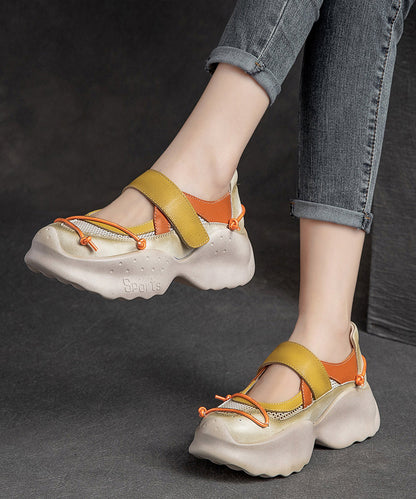 Yellow Platform Cowhide Leather Buckle Strap High Wedge Heels Shoes