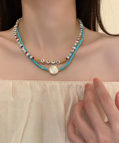 Blue Alloy Acrylic Pearl Bilayer Beading Gratuated Bead Necklace