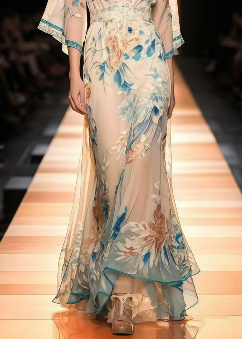 New Retro Apricot Print Chiffon Long Dress Flare Sleeve Summer