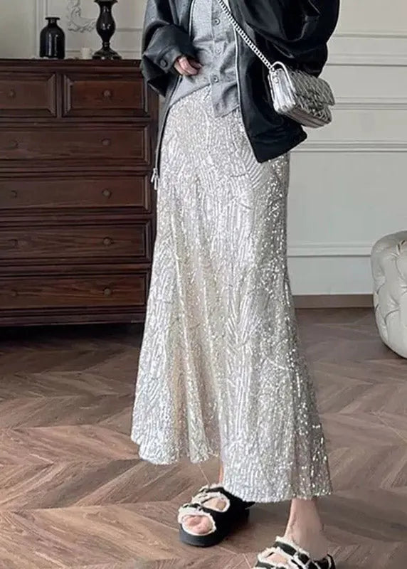 French Silver High Waist Sequins Maxi Skirts Summer