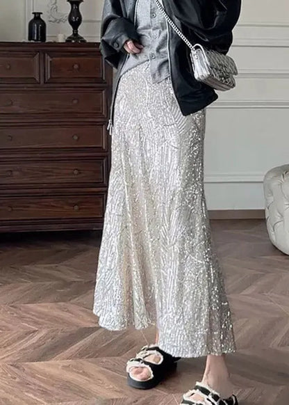 French Silver High Waist Sequins Maxi Skirts Summer