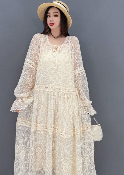 Beige O-neck Hollow Out Lace Holiday Dress Long Sleeve