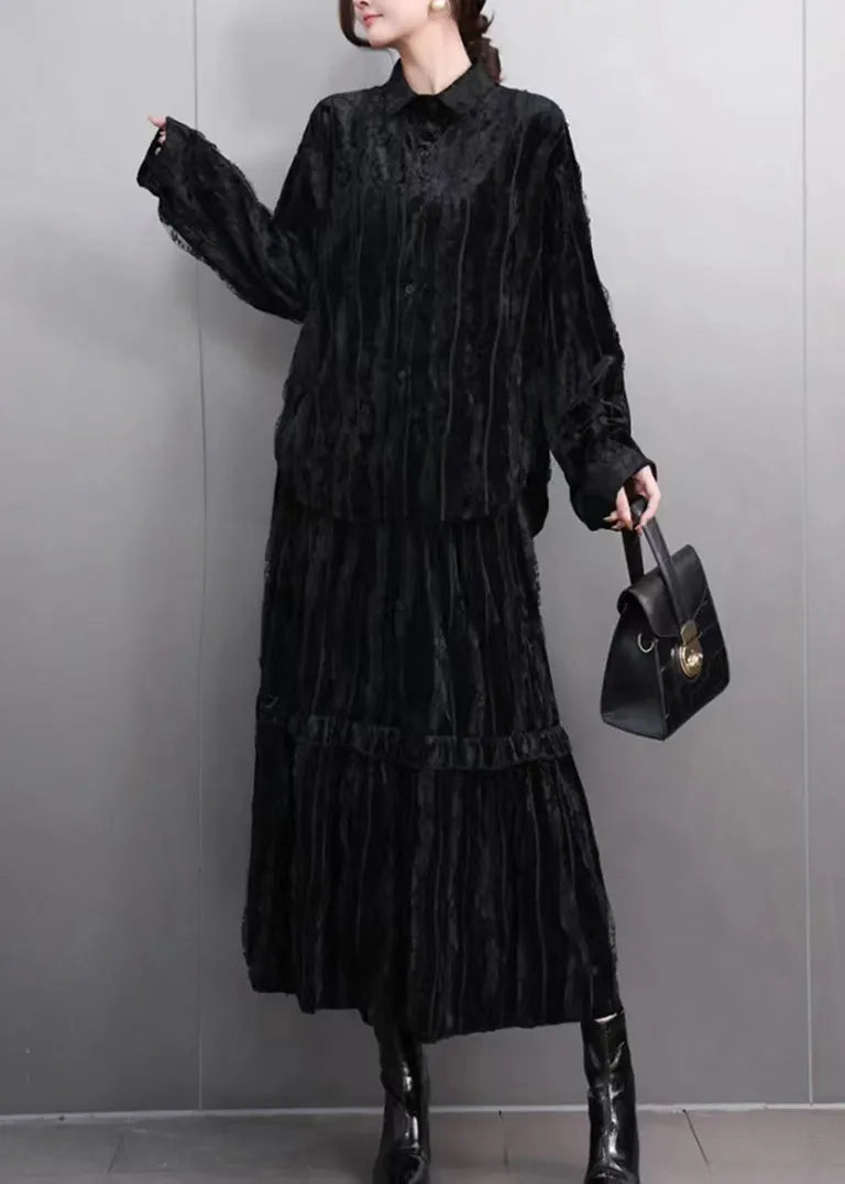 Fine Black Ruffled Wrinkled Shirt and Maxi Skirts Two Pieces Set Spring