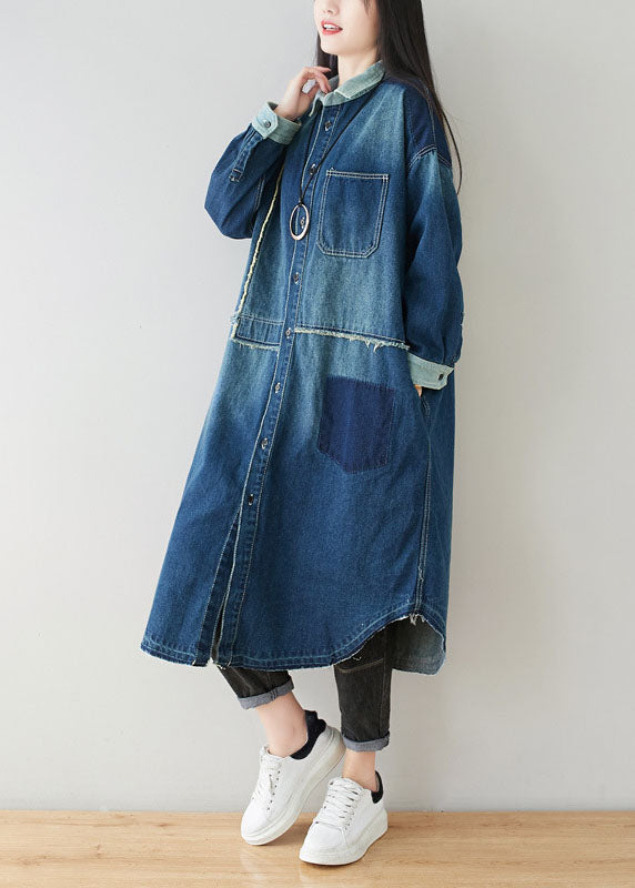 Denim Blue Peter Pan Collar Patchwork Oversized Cotton Trench Spring