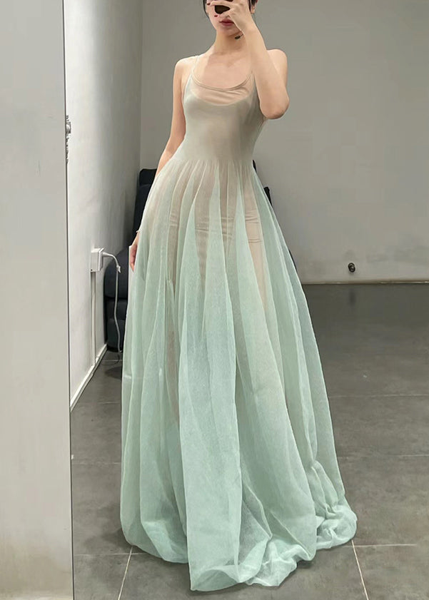 Light Green O-neck Tulle Spaghetti Strap Dress Sleeveless