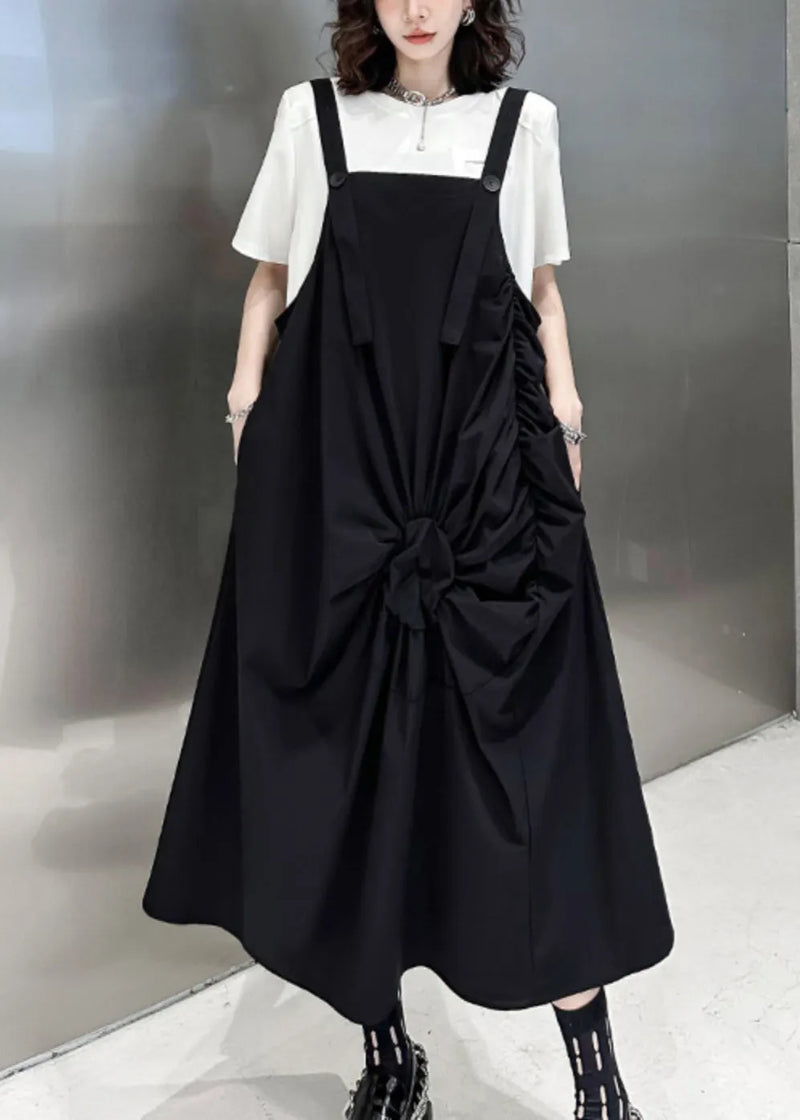 Black Wrinkled Pockets Patchwork Cotton Long Dresses Sleeveless