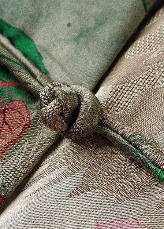 Green Stand Collar Chinese Button Print Cotton Filled Coats Spring