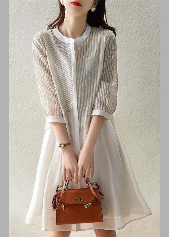 Beige O-neck Striped Pockets Fake Two Pieces Tulle Dresses Long Sleeve