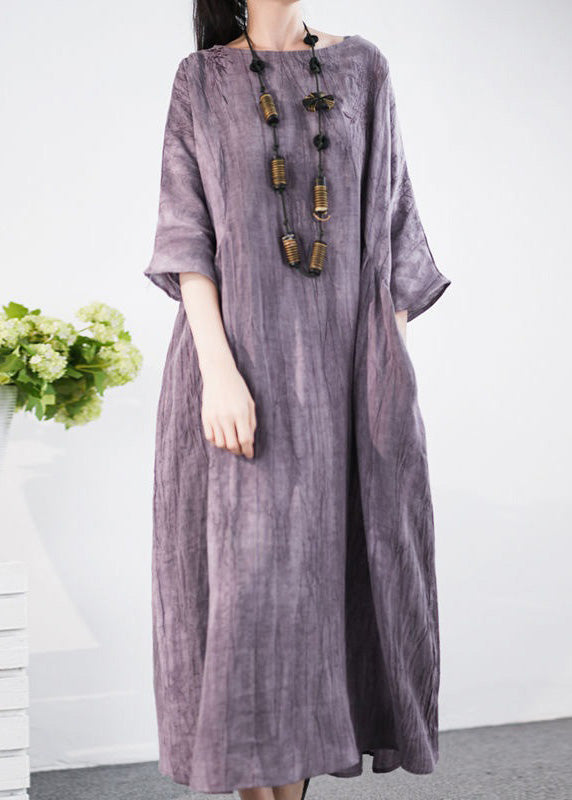 Purple O Neck Pockets Cotton Long Dress Half Sleeve