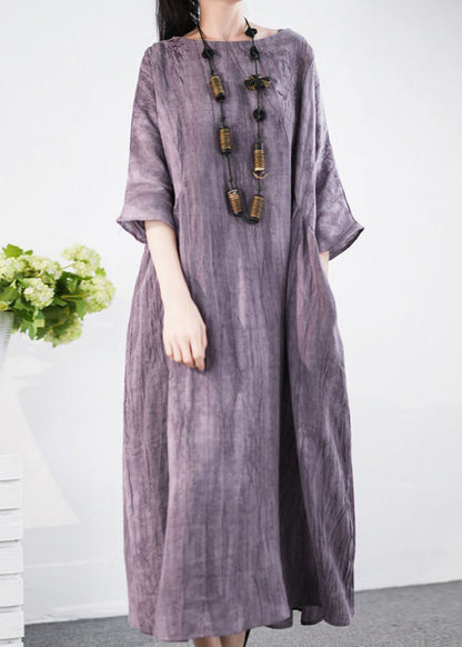 Purple O Neck Pockets Cotton Long Dress Half Sleeve