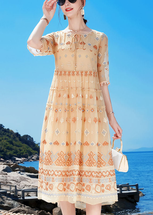 Apricot O-neck Ruffled Print Tassel Silk Holiday Dress Half Sleeve
