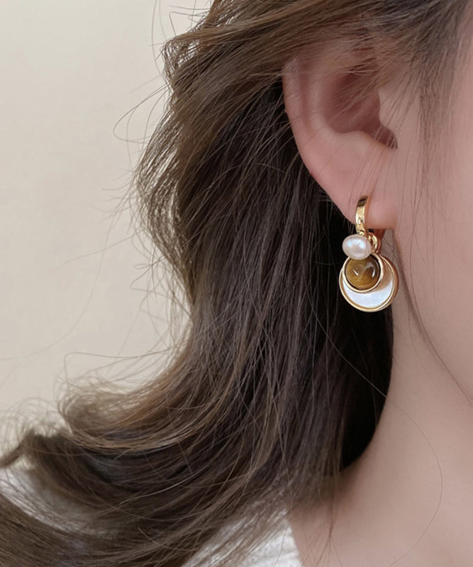 New Brown Copper Overgild Tiger Eye Stone Shell Glass Hoop Earrings