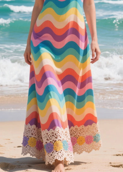 Rainbow Striped Patchwork Lace Chiffon Cami Dresses Summer