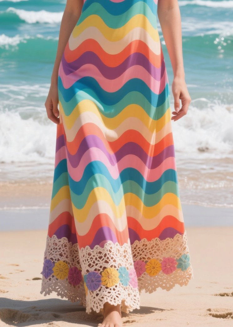 Rainbow Striped Patchwork Lace Chiffon Cami Dresses Summer