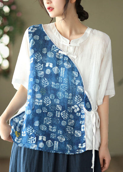 Blue Stand Collar Print Patchwork Linen Shirt Top Summer