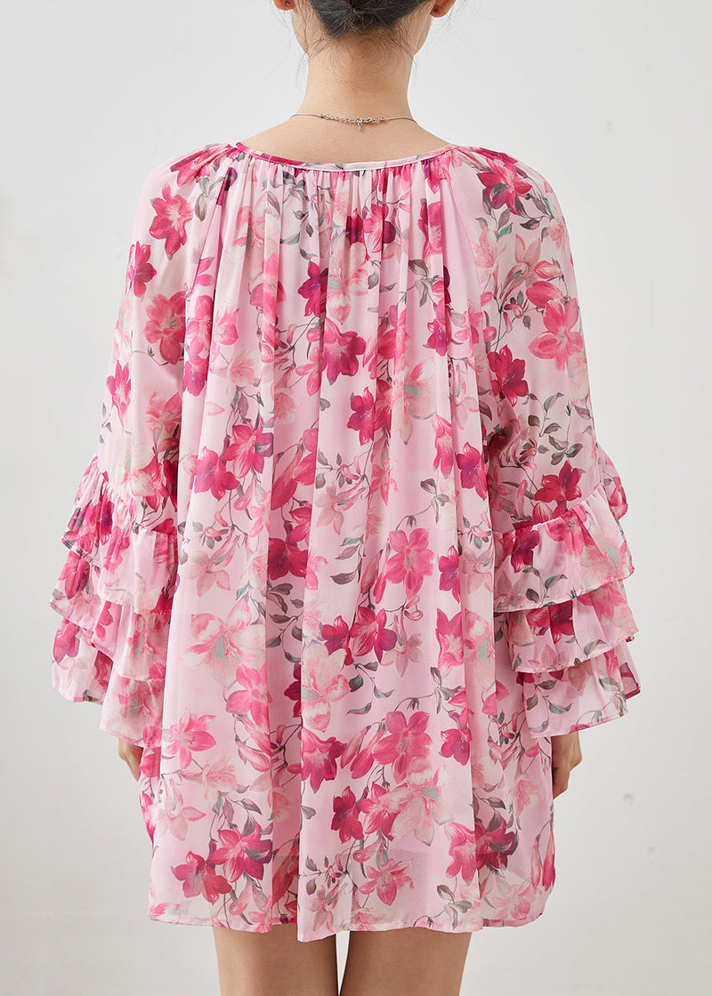 Diy Pink Oversized Print Chiffon Top Flare Sleeve