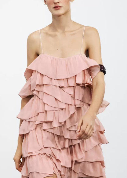 Pink Backless Layered Cotton Spaghetti Strap Dress Sleeveless