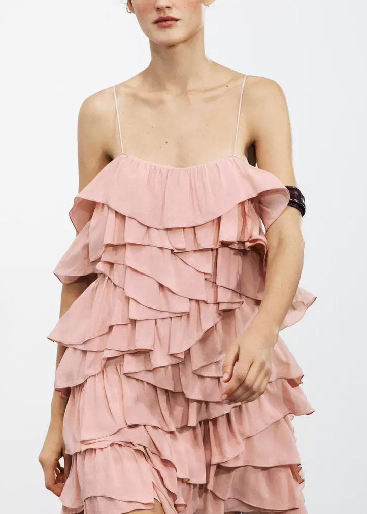 Pink Backless Layered Cotton Spaghetti Strap Dress Sleeveless