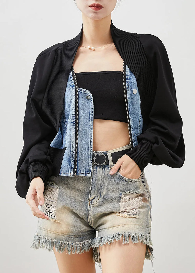 Black Oversized Patchwork Denim Fake Two Piece Coats Spring