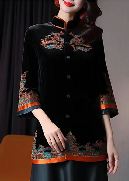 Black Stand Collar Embroideried Button Silk Velour Coats Fall
