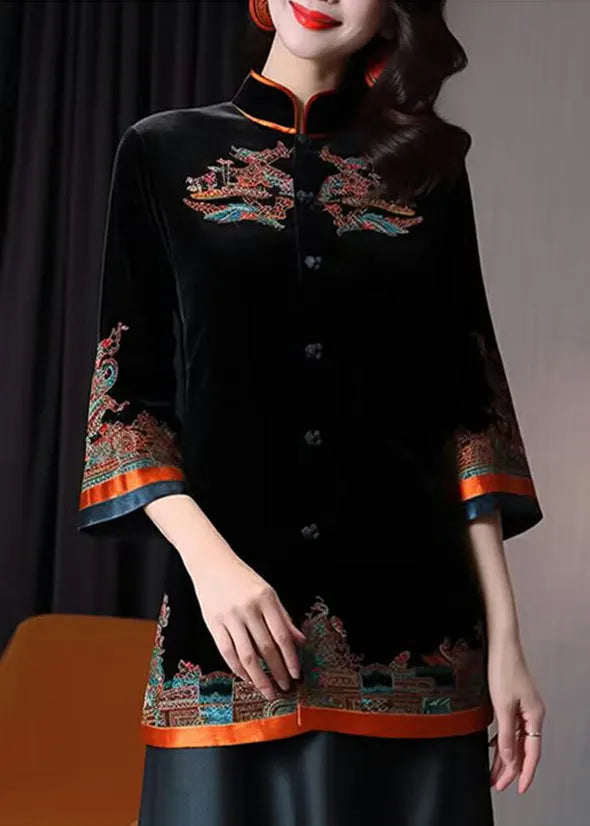 Black Stand Collar Embroideried Button Silk Velour Coats Fall