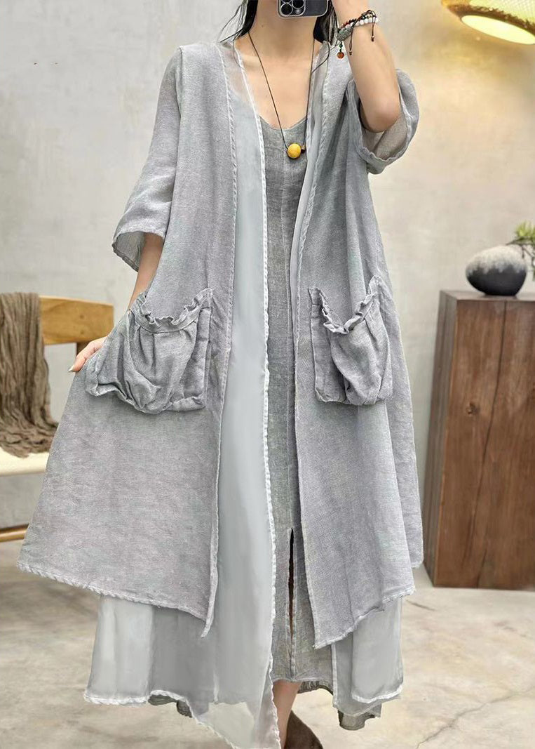 Grey Pockets Patchwork Cotton Long Cardigan Summer
