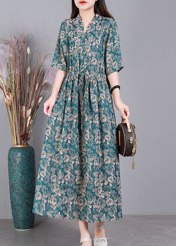 Green V Neck Drawstring Print Silk Long Dress Short Sleeve
