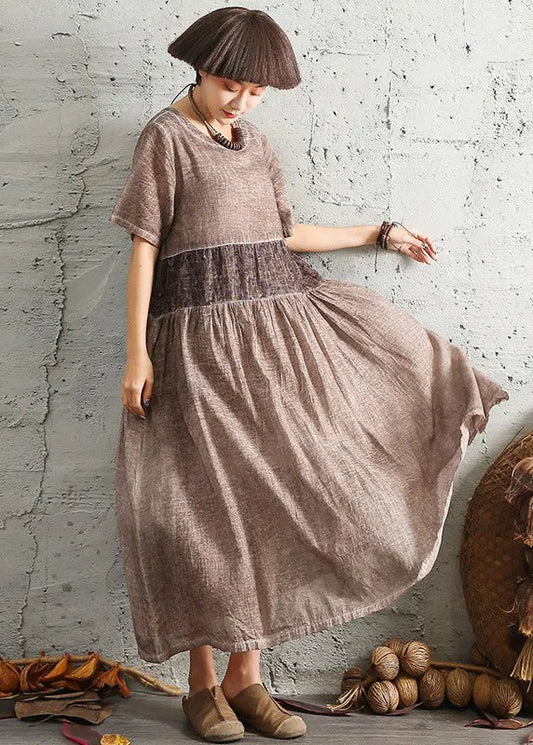 Boutique Chocolate O-neck Patchwork Cotton Long Dress Short Sleeve