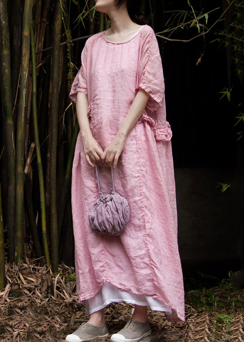 Loose Pink Ruffled Linen Two Pieces Set Summer