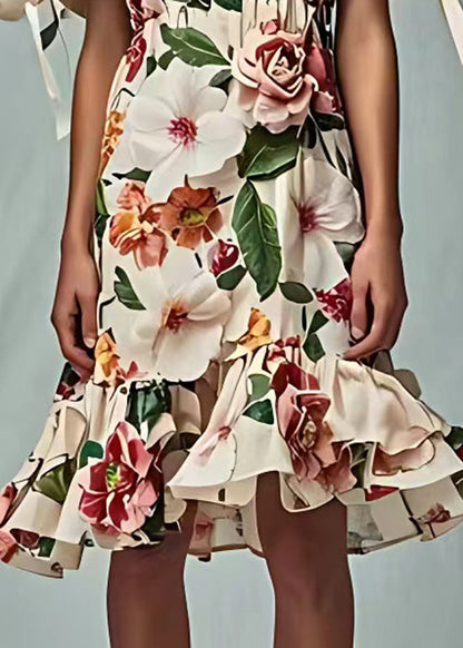 Beige V Neck Print Cotton Dresses Short Sleeve