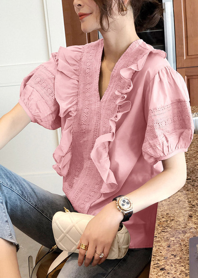Pink V Neck Ruffled Top Short Sleeve