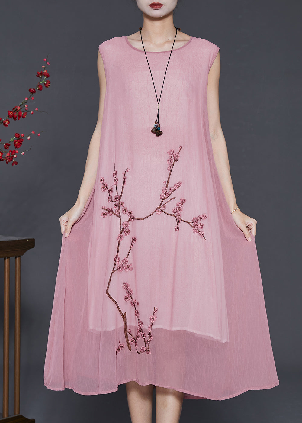 Brick Pink Plum Blossom Embroidered Chiffon 2 Piece Outfit Summer