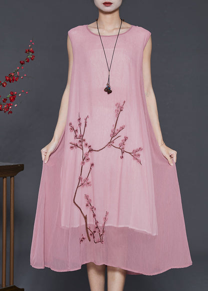 Brick Pink Plum Blossom Embroidered Chiffon 2 Piece Outfit Summer