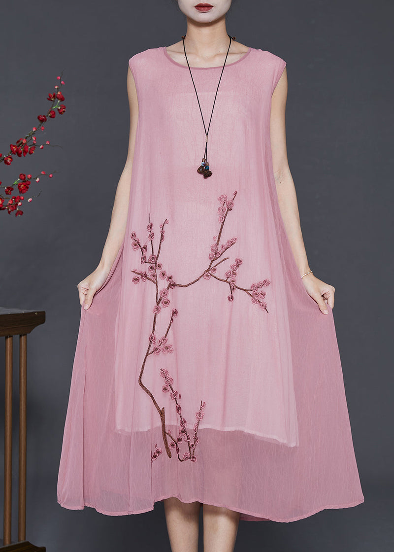 Brick Pink Plum Blossom Embroidered Chiffon 2 Piece Outfit Summer