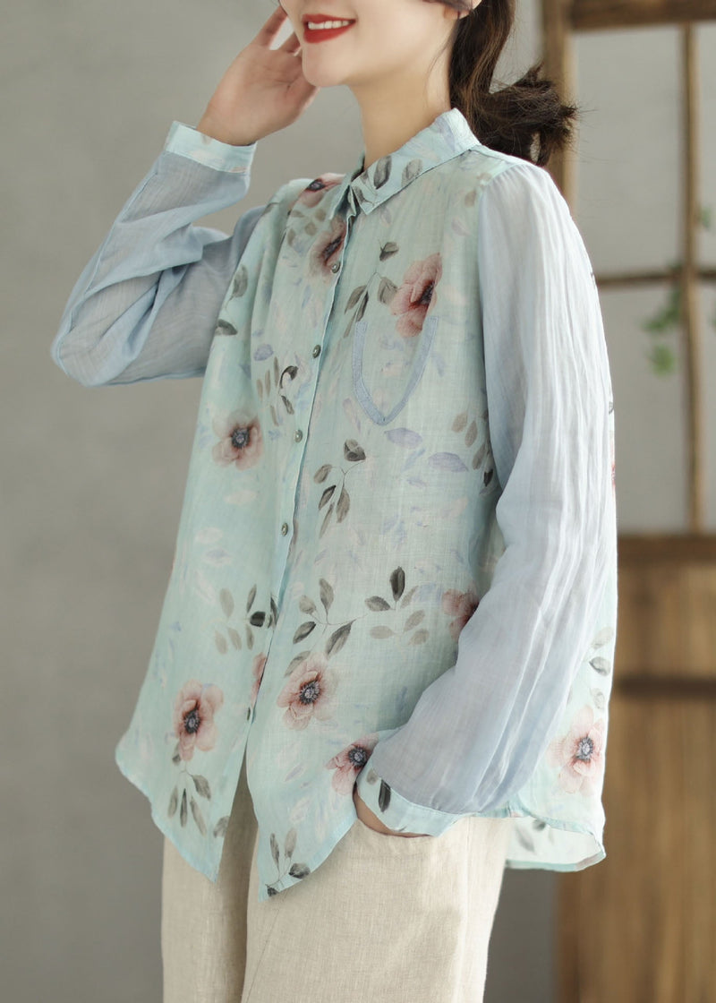 Blue Peter Pan Collar Print Linen Shirt Spring
