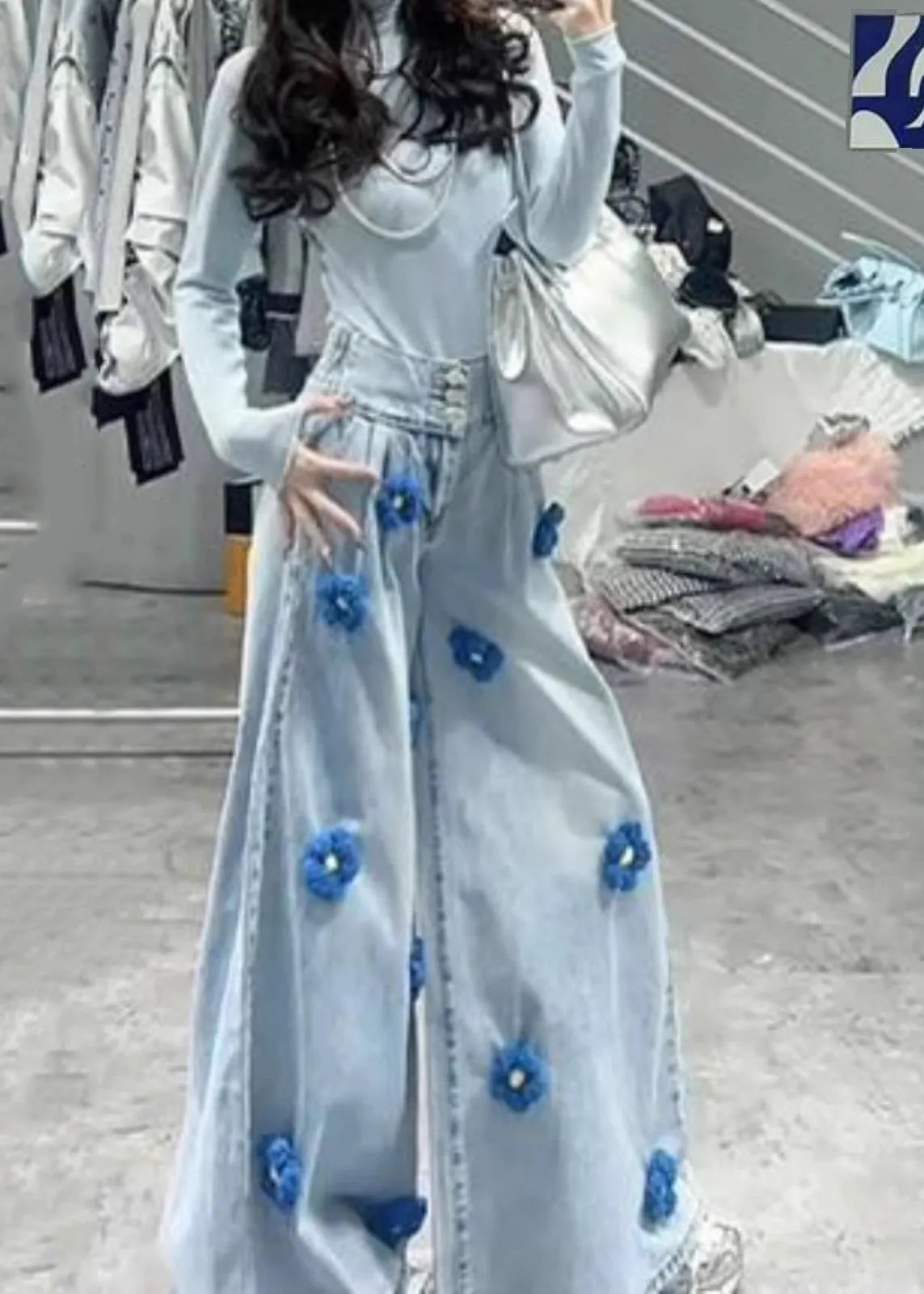 Fitted Light Blue Oversized Denim Wide Leg Pants Fall