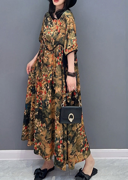Handmade O-neck Print Patchwork Long Dresses Short Sleeve