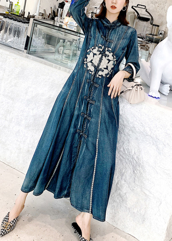 Chinese Style Blue Stand Collar Embroideried Patchwork Denim Dress Fall