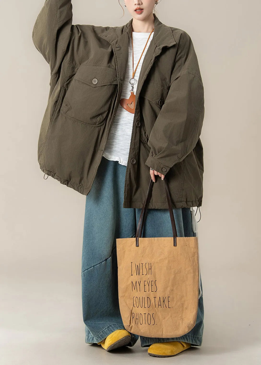 Korean Version Green Pocket Cotton Filled Jacket Outfit Winter
