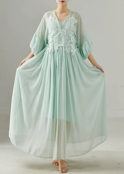 Green V Neck Patchwork Chiffon Long Dress Summer