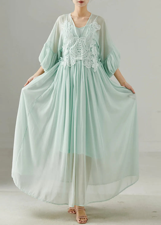Green V Neck Patchwork Chiffon Long Dress Summer