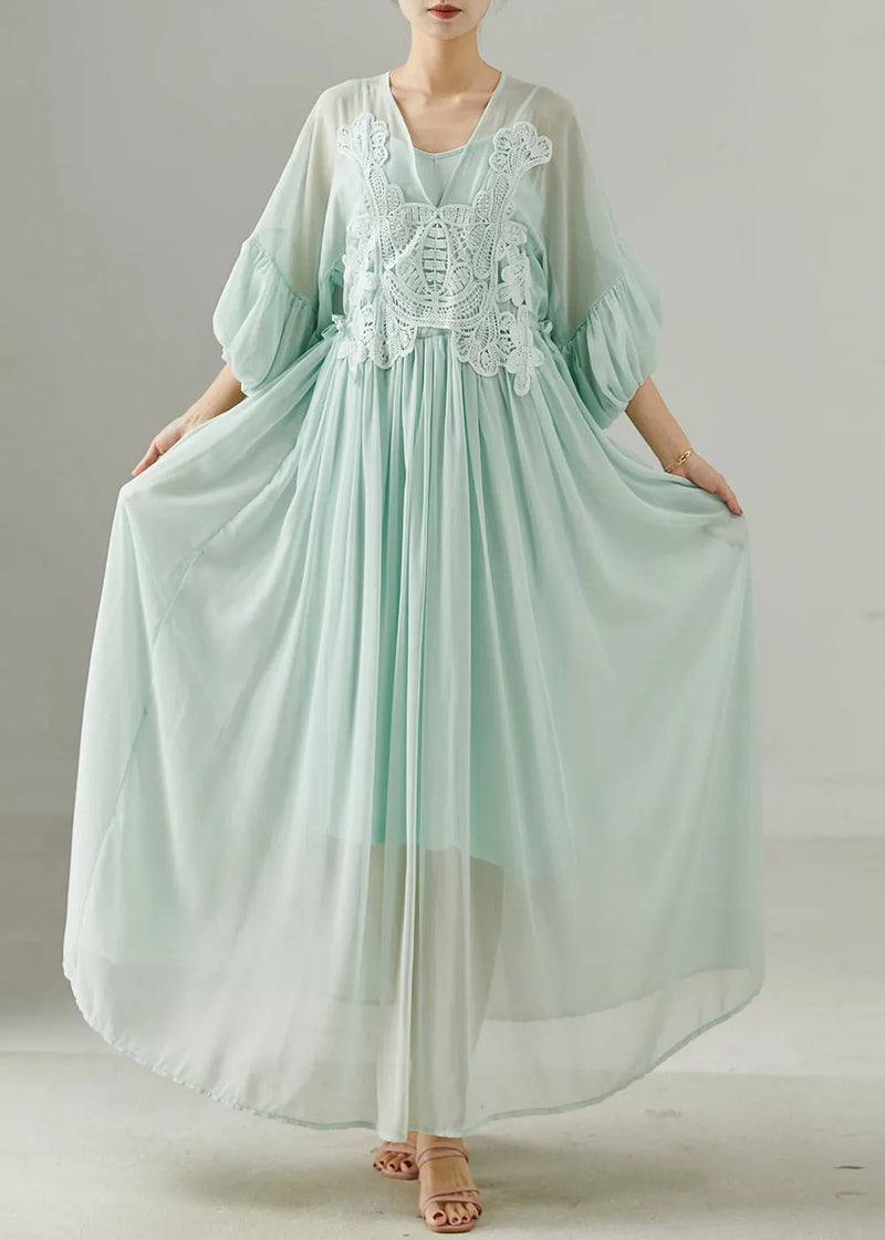 Green V Neck Patchwork Chiffon Long Dress Summer